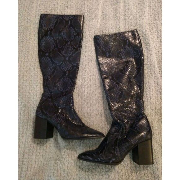 Zara Snakeskin Blue & Black Size 38 Below The Knee Boots - Picture 1 of 13